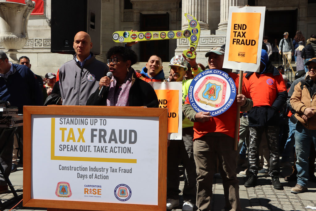 Bronx District Attorney Darcel Clark stood up at a huge rally with New York City carpenters
